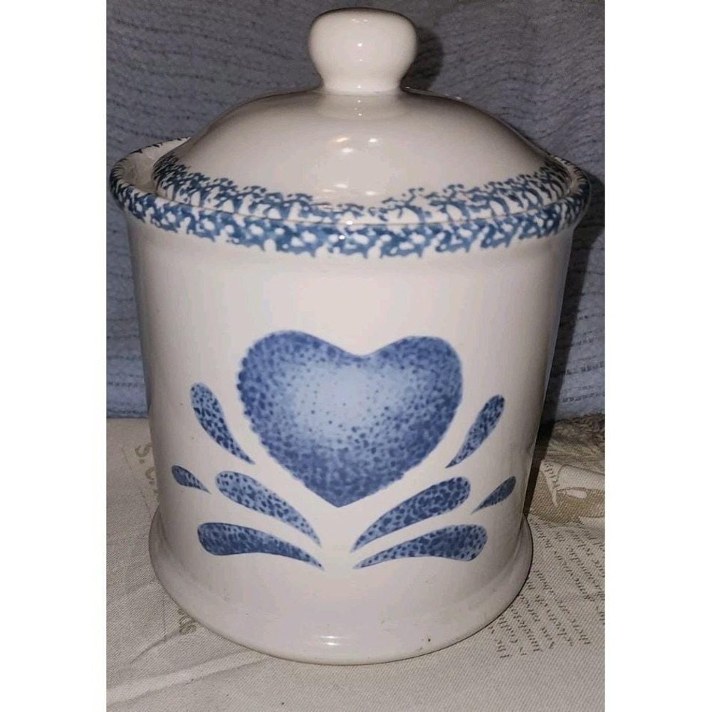Vintage Blue Heart Spongeware 9 inch Canister Farmhouse House Lloyd Cottagecore